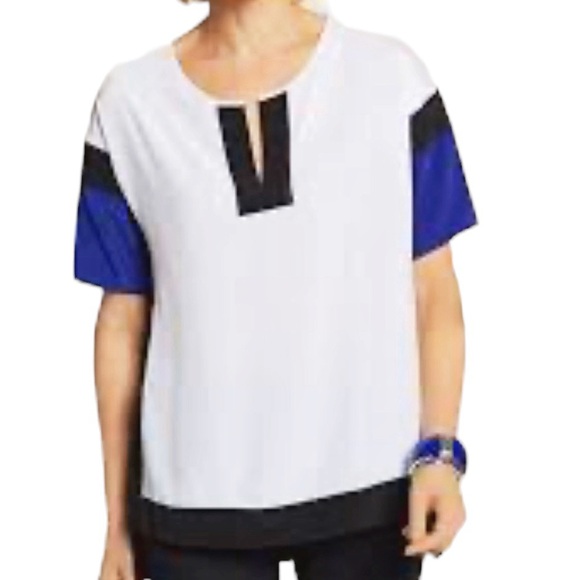 Chico’s Colorblock Fun Nyna Top Blouse White Blue & Black Size 1 Small - Picture 1 of 15